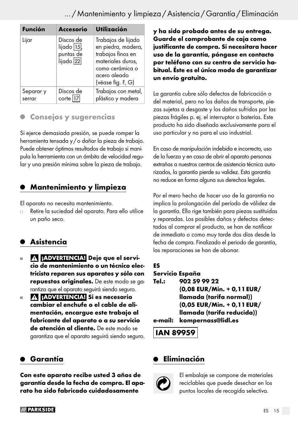 Consejos y sugerencias, Mantenimiento y limpieza, Asistencia | Garantía, Eliminación | Parkside PMGS 12 B2 User Manual | Page 15 / 67