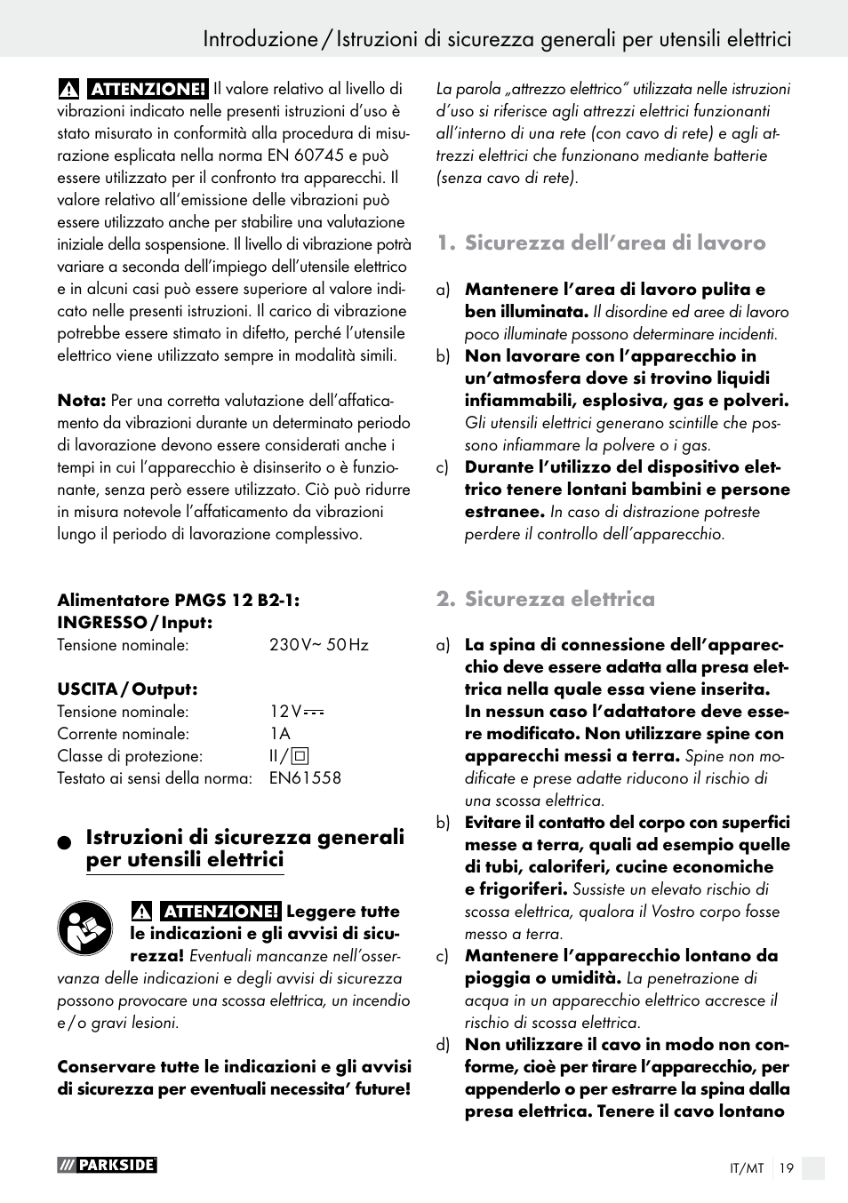 Sicurezza dell’area di lavoro, Sicurezza elettrica | Parkside PMGS 12 B2 User Manual | Page 19 / 67