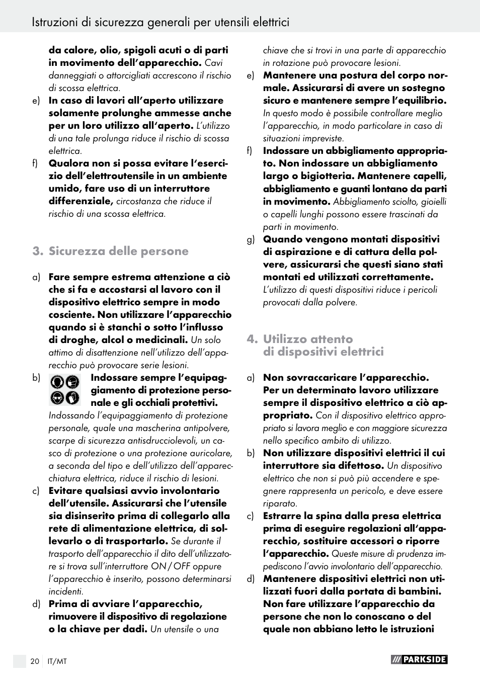 Sicurezza delle persone, Utilizzo attento di dispositivi elettrici | Parkside PMGS 12 B2 User Manual | Page 20 / 67