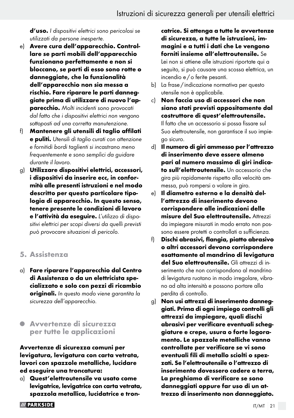 Assistenza, Avvertenze di sicurezza per tutte le applicazioni | Parkside PMGS 12 B2 User Manual | Page 21 / 67