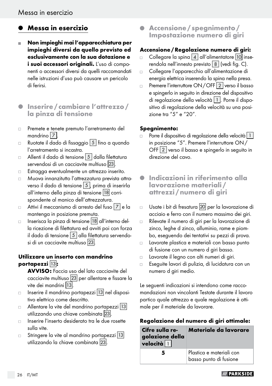 Messa in esercizio | Parkside PMGS 12 B2 User Manual | Page 26 / 67