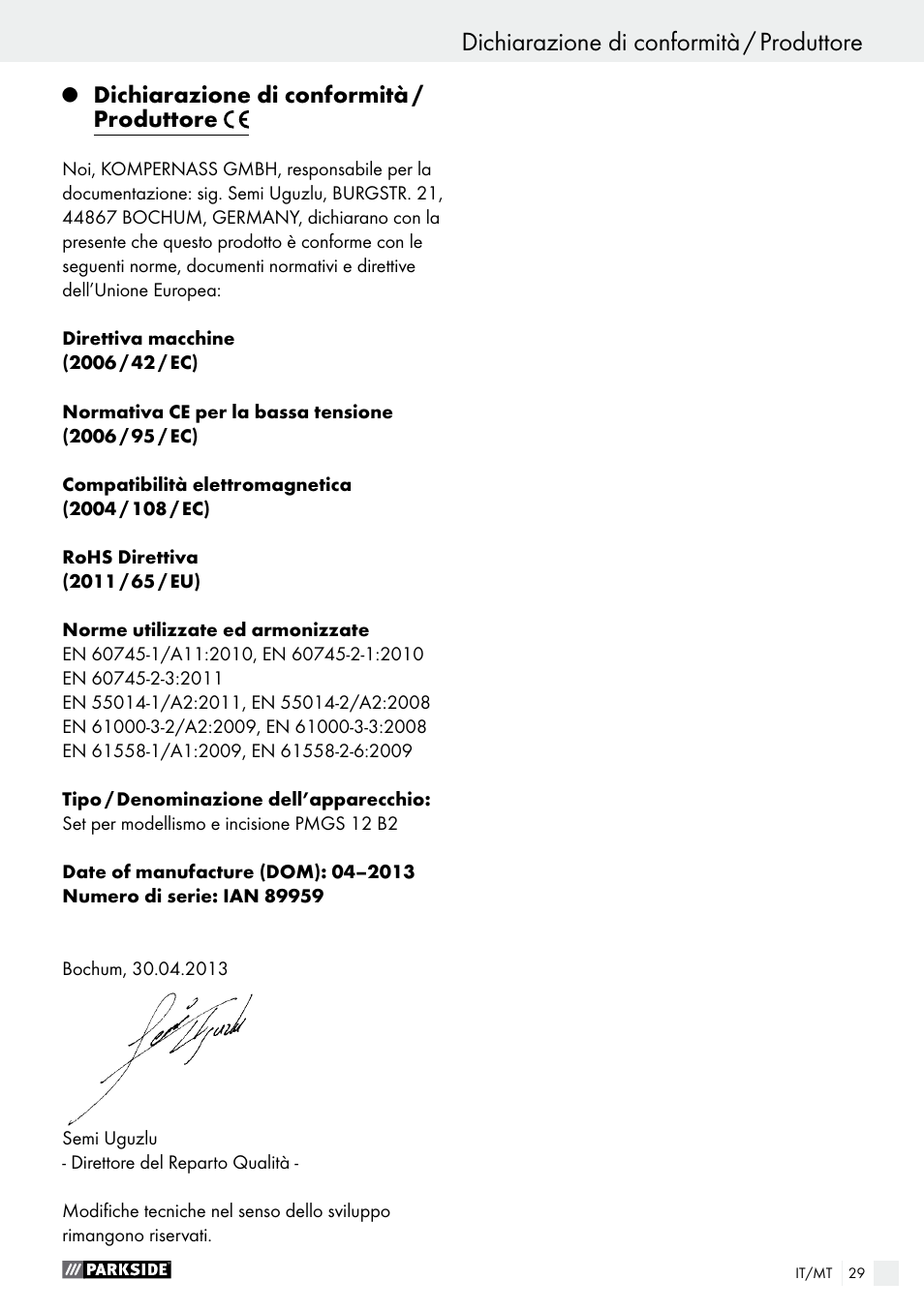 Dichiarazione di conformità / produttore | Parkside PMGS 12 B2 User Manual | Page 29 / 67