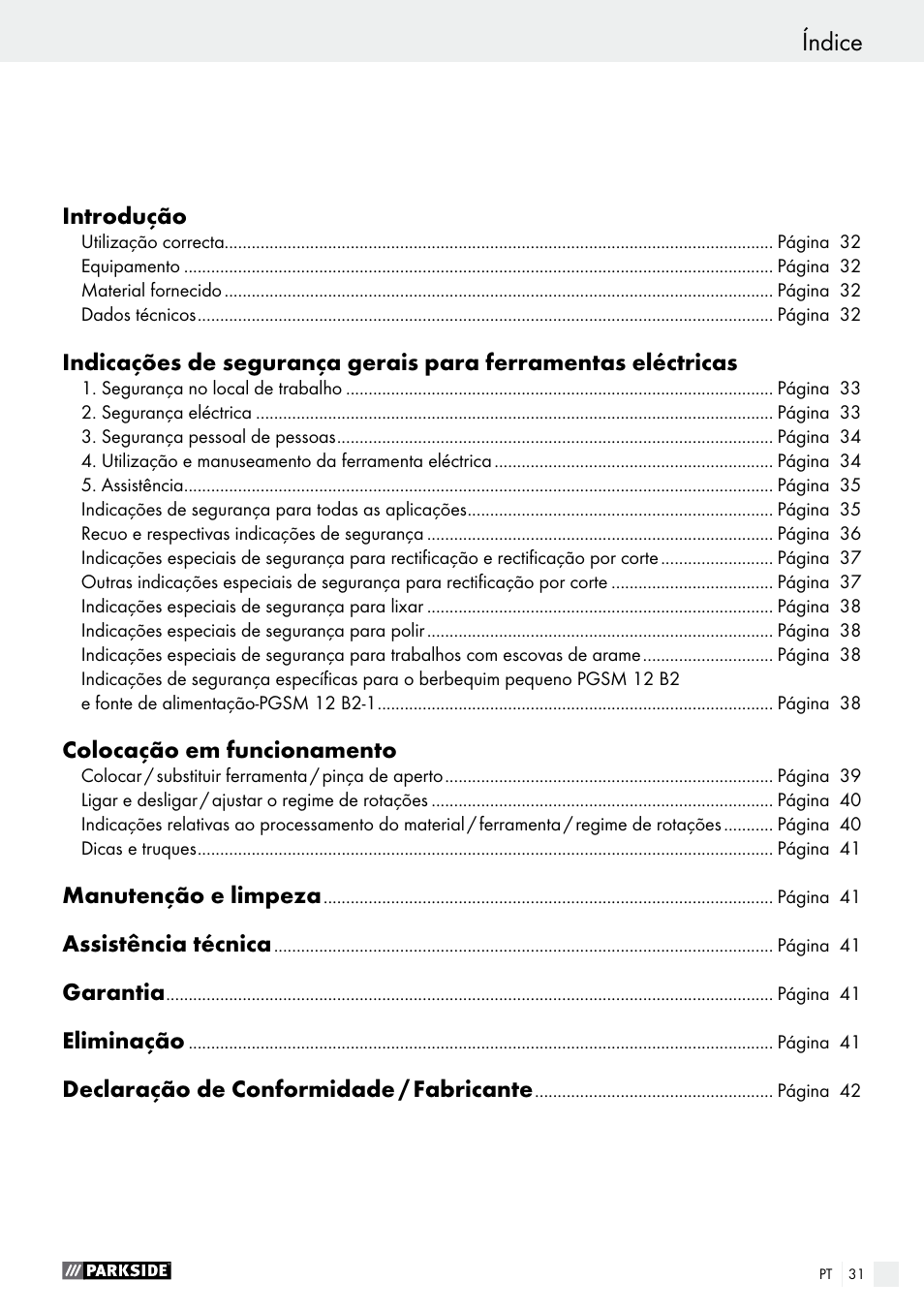 Índice | Parkside PMGS 12 B2 User Manual | Page 31 / 67