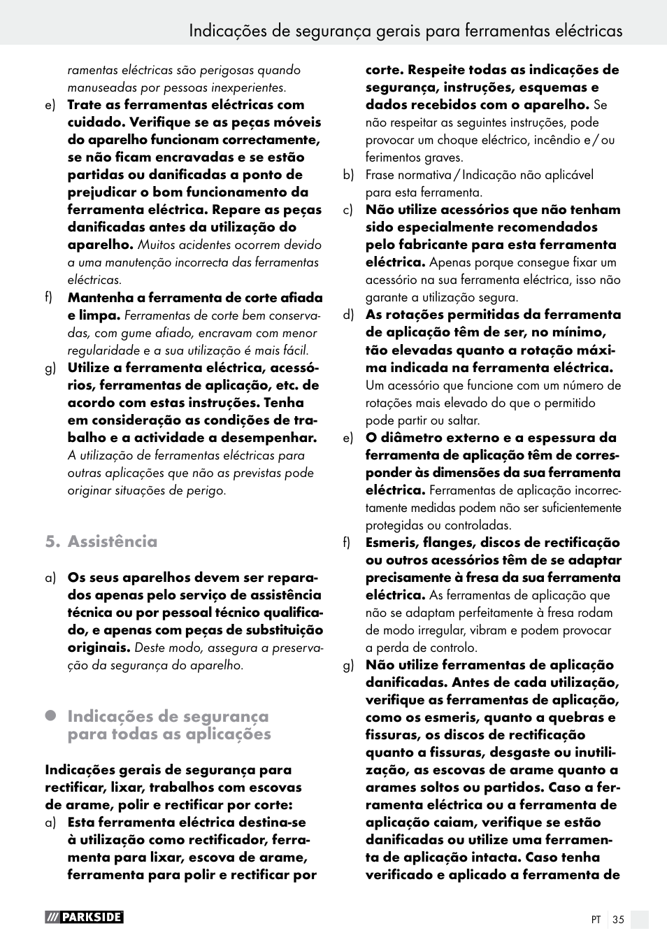 Assistência, Indicações de segurança para todas as aplicações | Parkside PMGS 12 B2 User Manual | Page 35 / 67