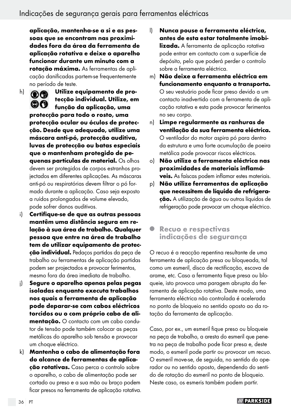 Recuo e respectivas indicações de segurança | Parkside PMGS 12 B2 User Manual | Page 36 / 67