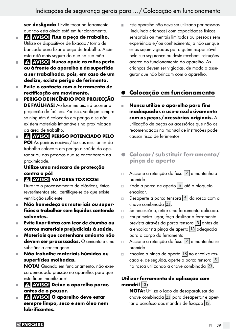 Colocação em funcionamento, Colocar/ substituir ferramenta/ pinça de aperto | Parkside PMGS 12 B2 User Manual | Page 39 / 67