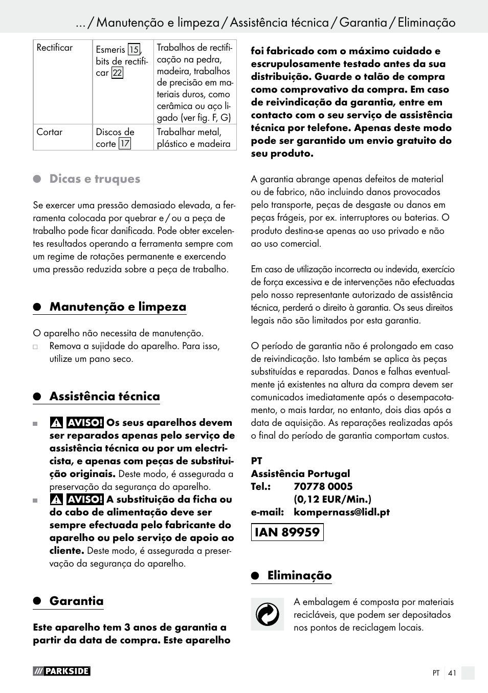 Dicas e truques, Manutenção e limpeza, Assistência técnica | Garantia | Parkside PMGS 12 B2 User Manual | Page 41 / 67