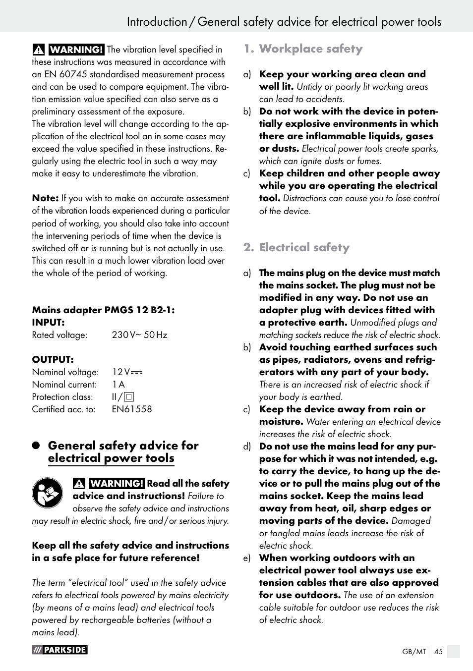 General safety advice for electrical power tools, Workplace safety, Electrical safety | Parkside PMGS 12 B2 User Manual | Page 45 / 67