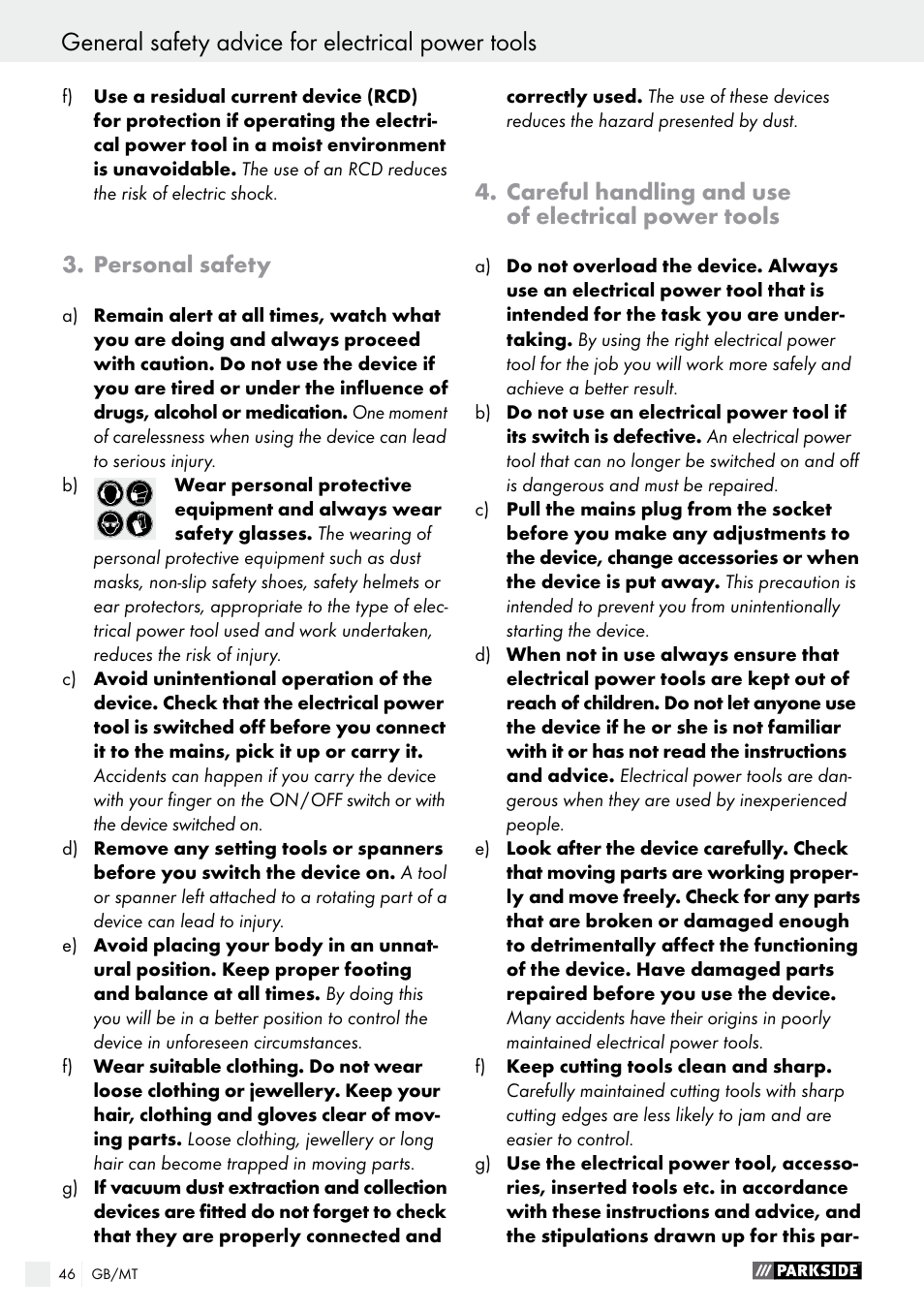 General safety advice for electrical power tools, Personal safety, Careful handling and use of electrical power tools | Parkside PMGS 12 B2 User Manual | Page 46 / 67