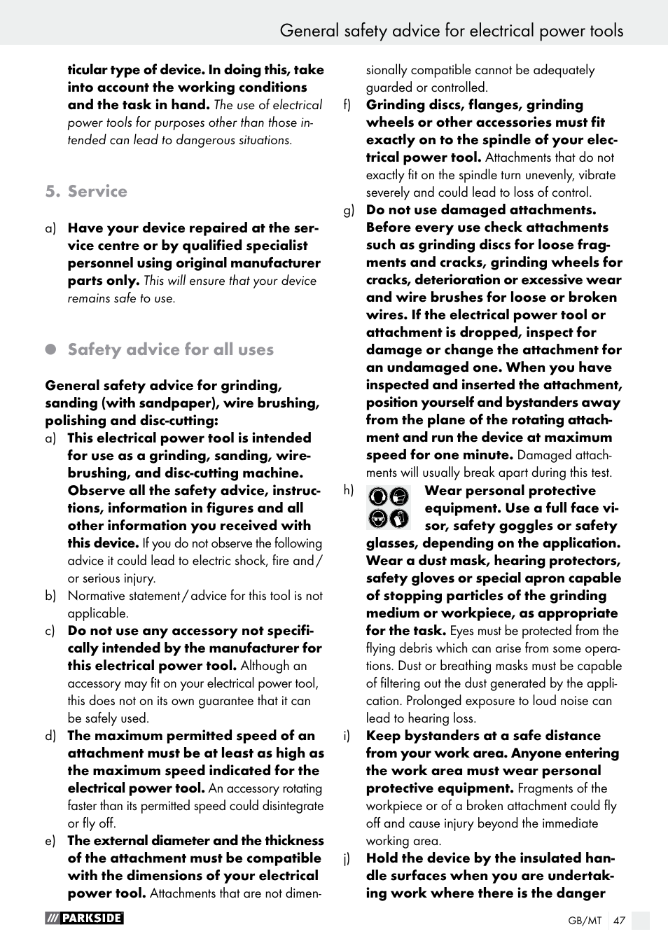 General safety advice for electrical power tools, Service, Safety advice for all uses | Parkside PMGS 12 B2 User Manual | Page 47 / 67