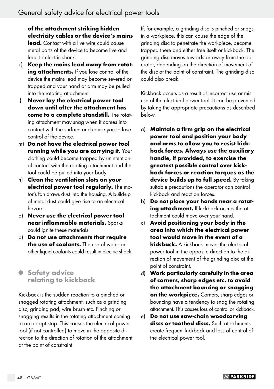 General safety advice for electrical power tools, Safety advice relating to kickback | Parkside PMGS 12 B2 User Manual | Page 48 / 67