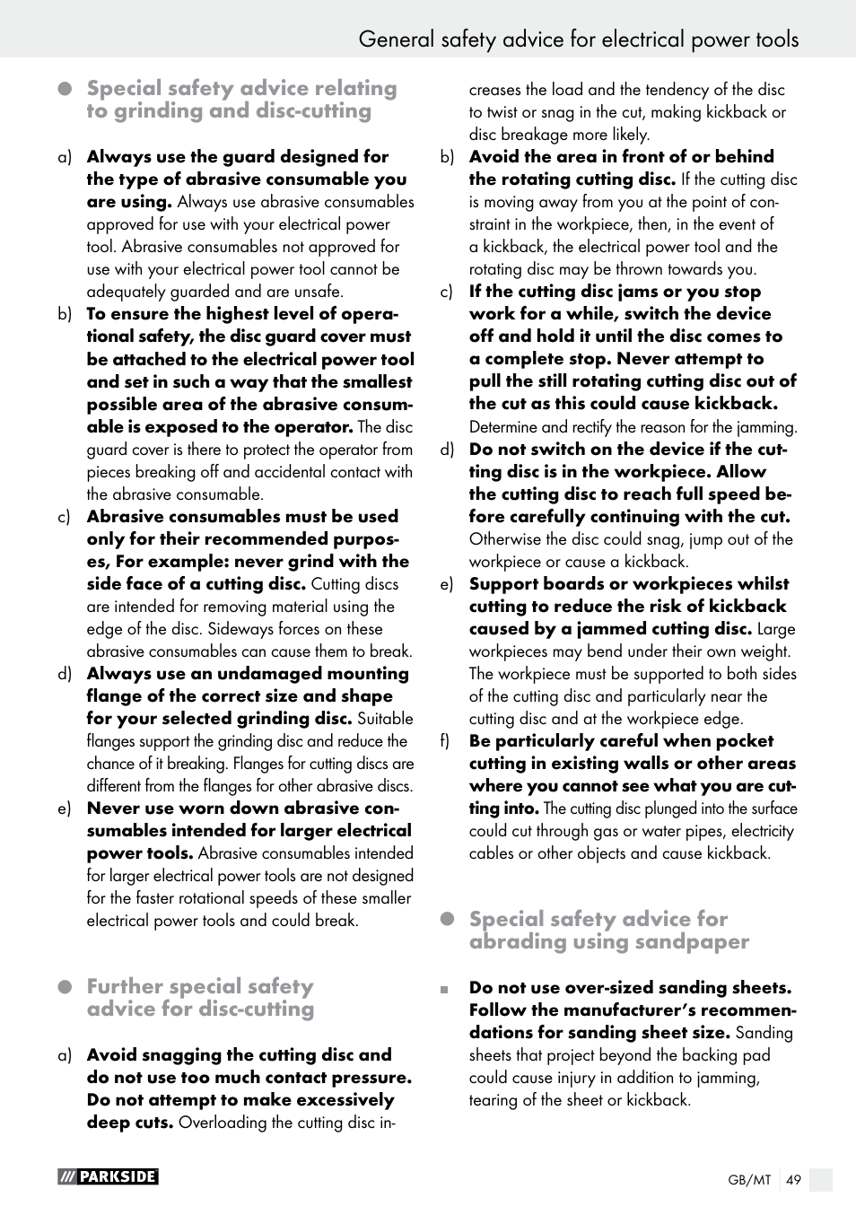 General safety advice for electrical power tools, Further special safety advice for disc-cutting, Special safety advice for abrading using sandpaper | Parkside PMGS 12 B2 User Manual | Page 49 / 67