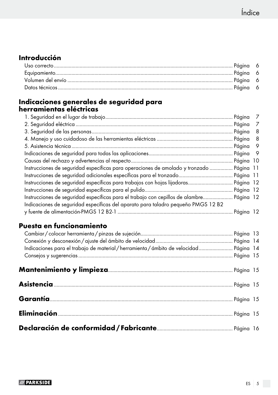 Índice | Parkside PMGS 12 B2 User Manual | Page 5 / 67