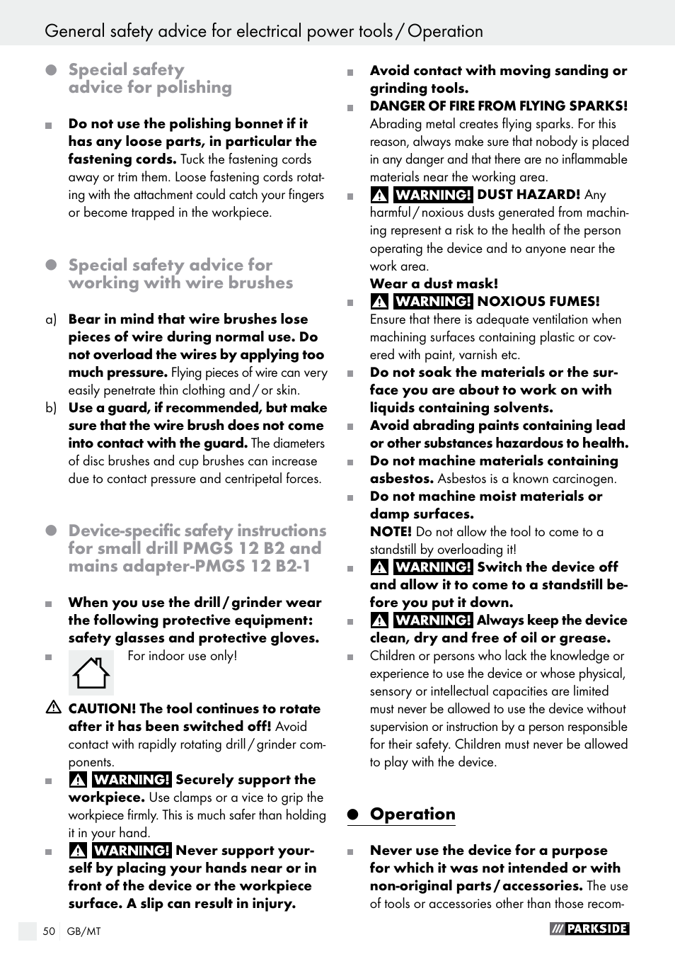 Special safety advice for polishing, Operation | Parkside PMGS 12 B2 User Manual | Page 50 / 67