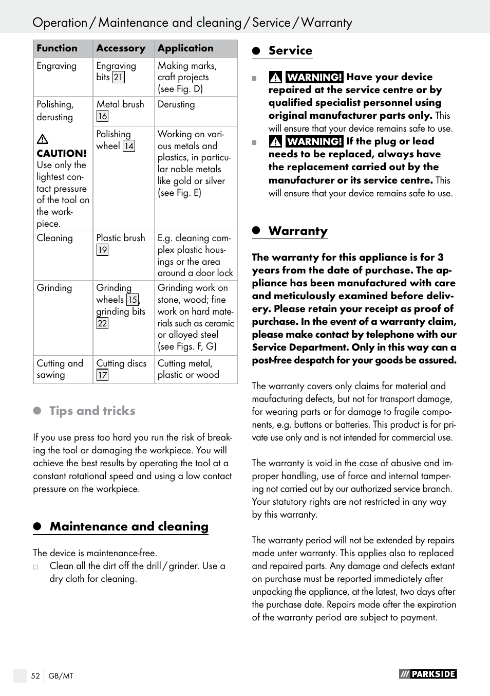 Tips and tricks, Maintenance and cleaning, Service | Warranty | Parkside PMGS 12 B2 User Manual | Page 52 / 67