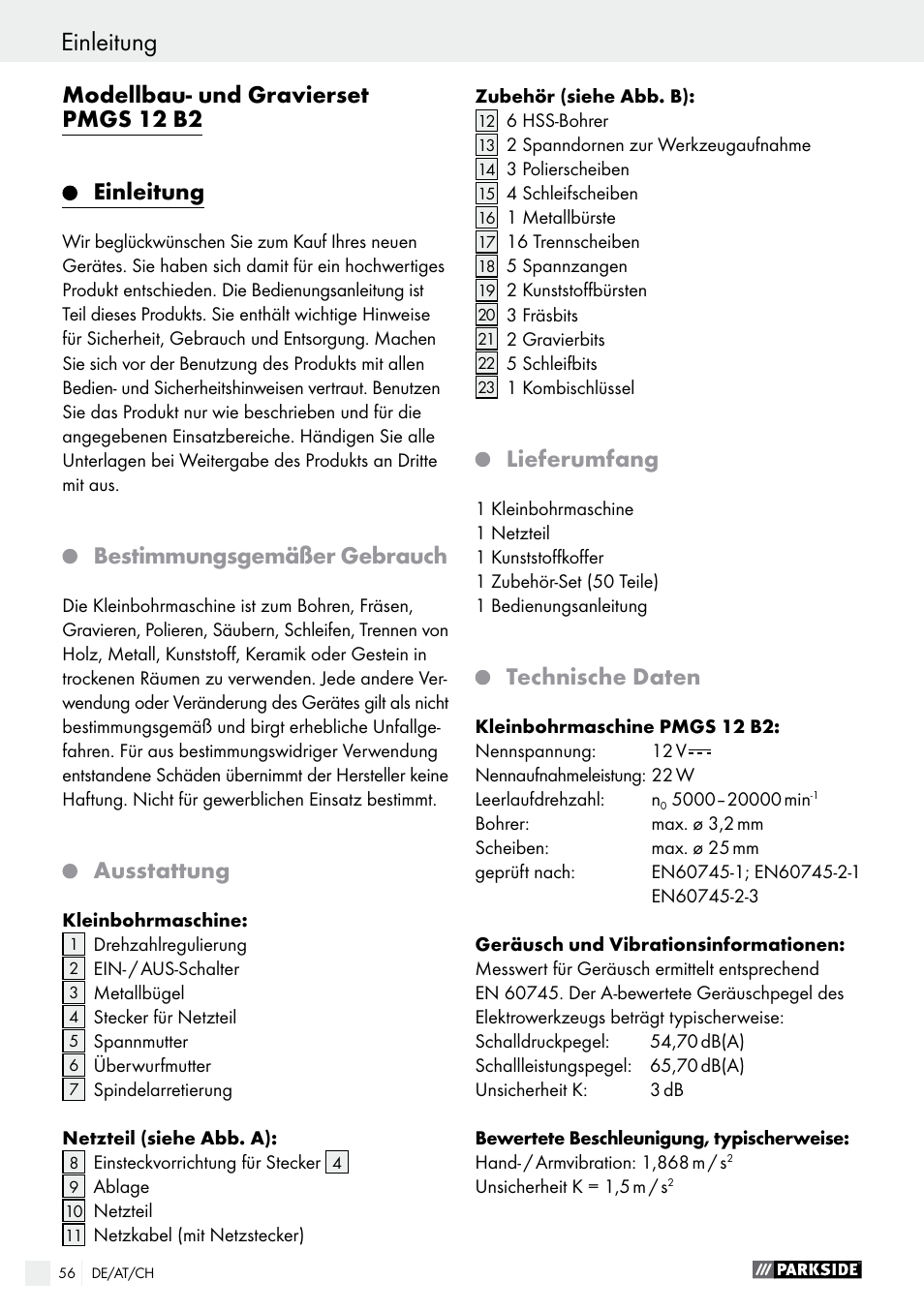 Einleitung, Modellbau- und gravierset pmgs 12 b2, Bestimmungsgemäßer gebrauch | Ausstattung, Lieferumfang, Technische daten | Parkside PMGS 12 B2 User Manual | Page 56 / 67