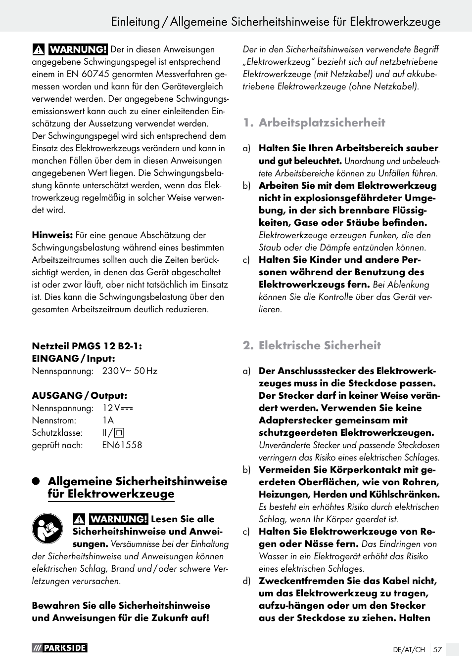 Arbeitsplatzsicherheit, Elektrische sicherheit | Parkside PMGS 12 B2 User Manual | Page 57 / 67