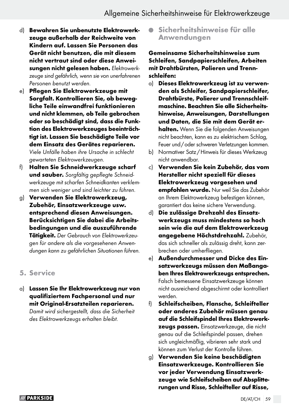 Service, Sicherheitshinweise für alle anwendungen | Parkside PMGS 12 B2 User Manual | Page 59 / 67