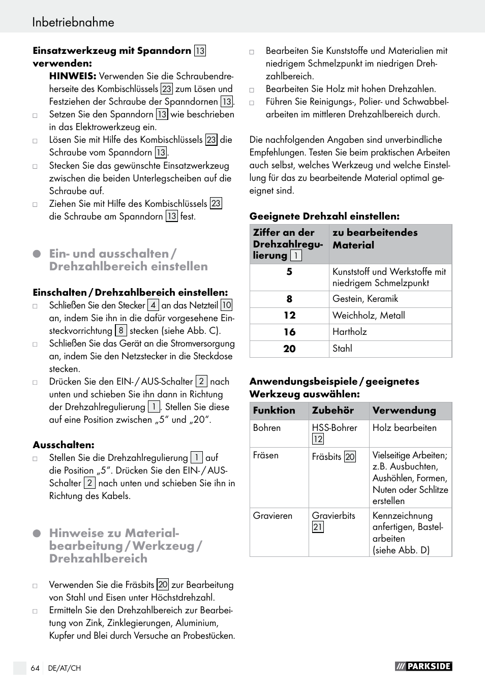 Ein- und ausschalten / drehzahlbereich einstellen | Parkside PMGS 12 B2 User Manual | Page 64 / 67