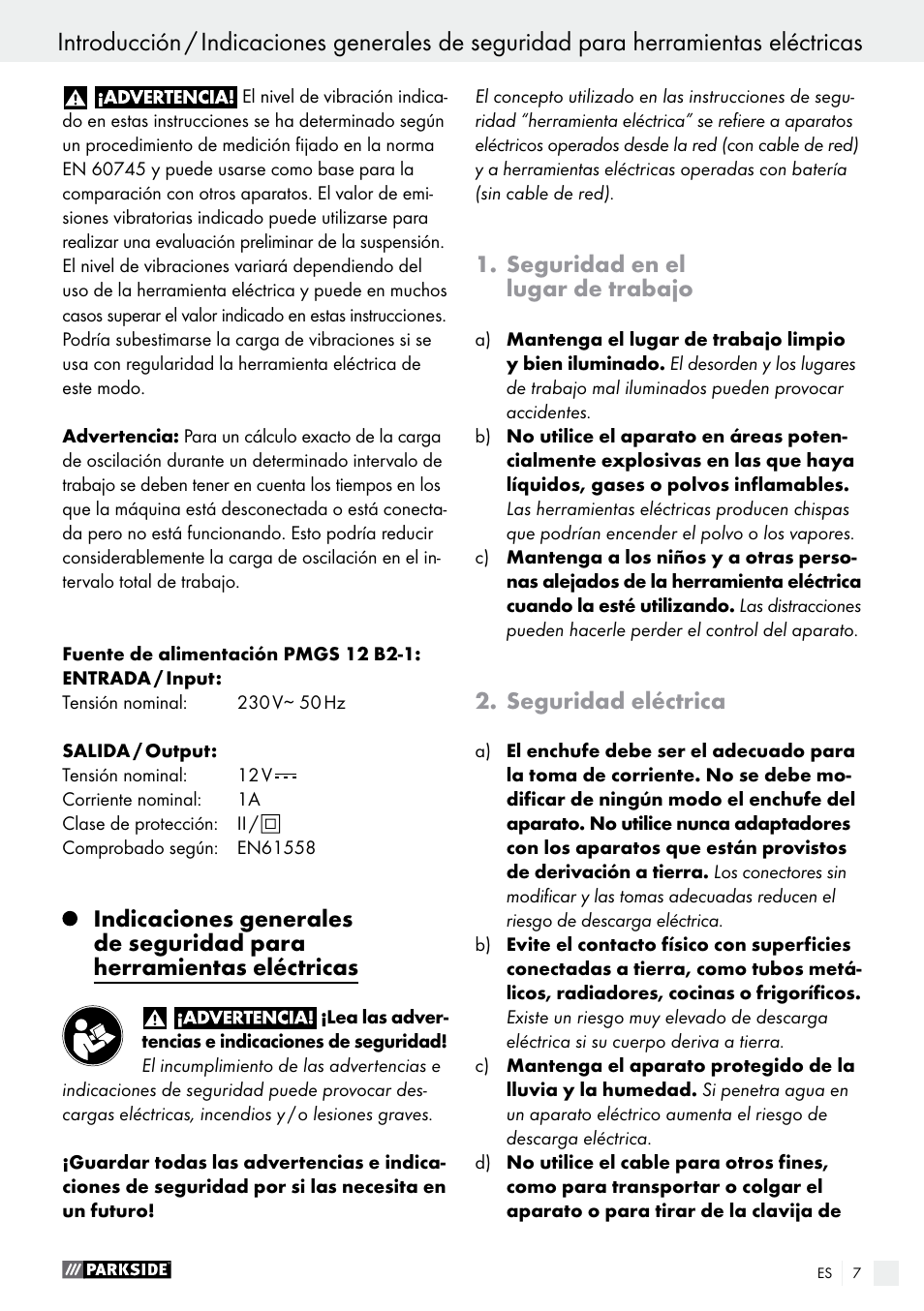 Seguridad en el lugar de trabajo, Seguridad eléctrica | Parkside PMGS 12 B2 User Manual | Page 7 / 67