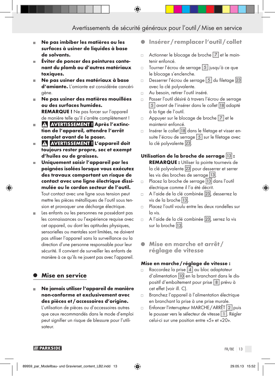 Mise en service, Insérer / remplacer l‘outil / collet, Mise en marche et arrêt / réglage de vitesse | Parkside PMGS 12 B2 User Manual | Page 13 / 52