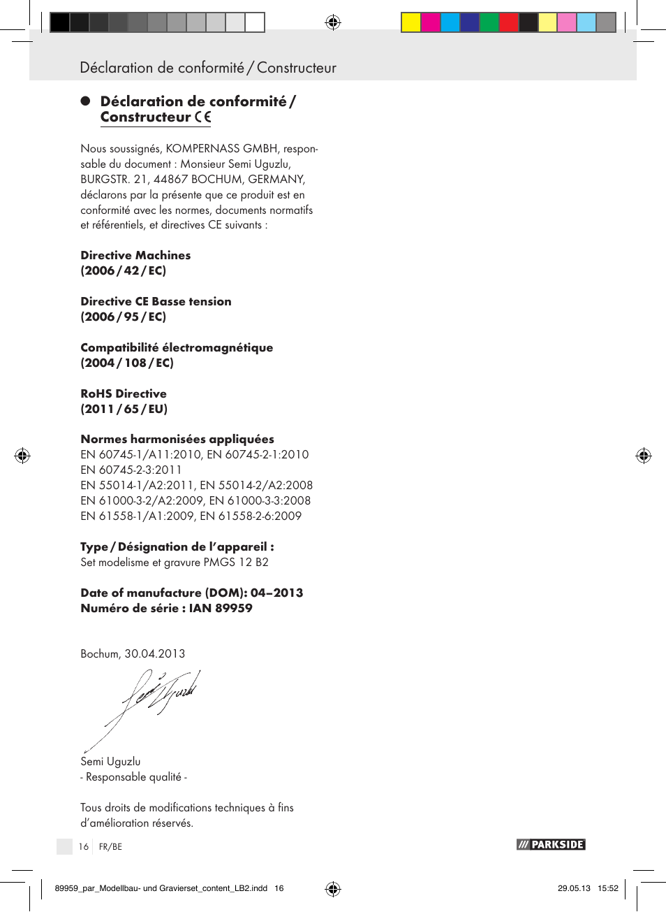 Déclaration de conformité / constructeur | Parkside PMGS 12 B2 User Manual | Page 16 / 52