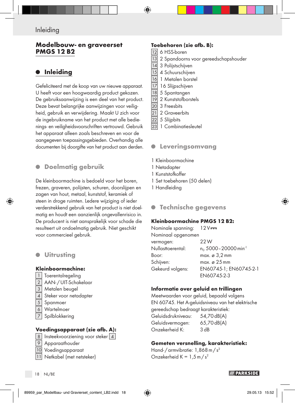 Inleiding, Modelbouw- en graveerset pmgs 12 b2, Doelmatig gebruik | Uitrusting, Leveringsomvang, Technische gegevens | Parkside PMGS 12 B2 User Manual | Page 18 / 52