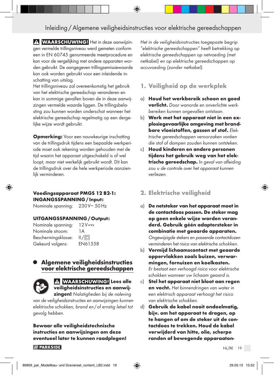 Veiligheid op de werkplek, Elektrische veiligheid | Parkside PMGS 12 B2 User Manual | Page 19 / 52