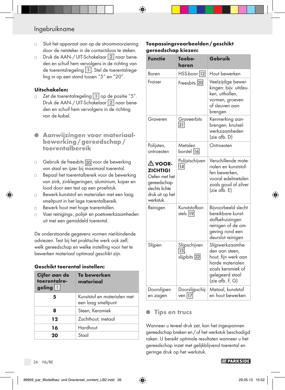 Ingebruikname, Tips en trucs | Parkside PMGS 12 B2 User Manual | Page 26 / 52