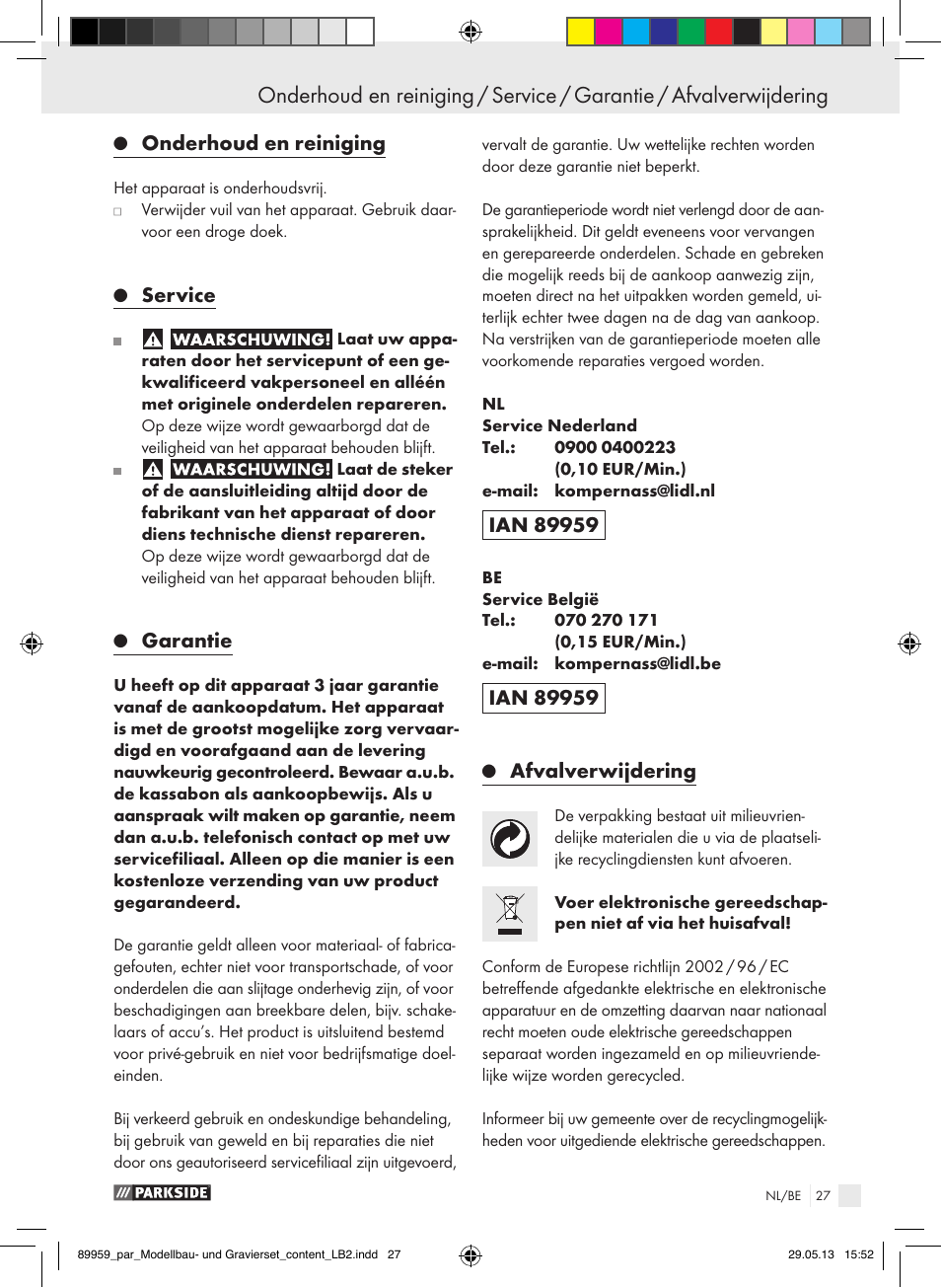 Ingebruikname, Onderhoud en reiniging, Service | Garantie, Afvalverwijdering | Parkside PMGS 12 B2 User Manual | Page 27 / 52