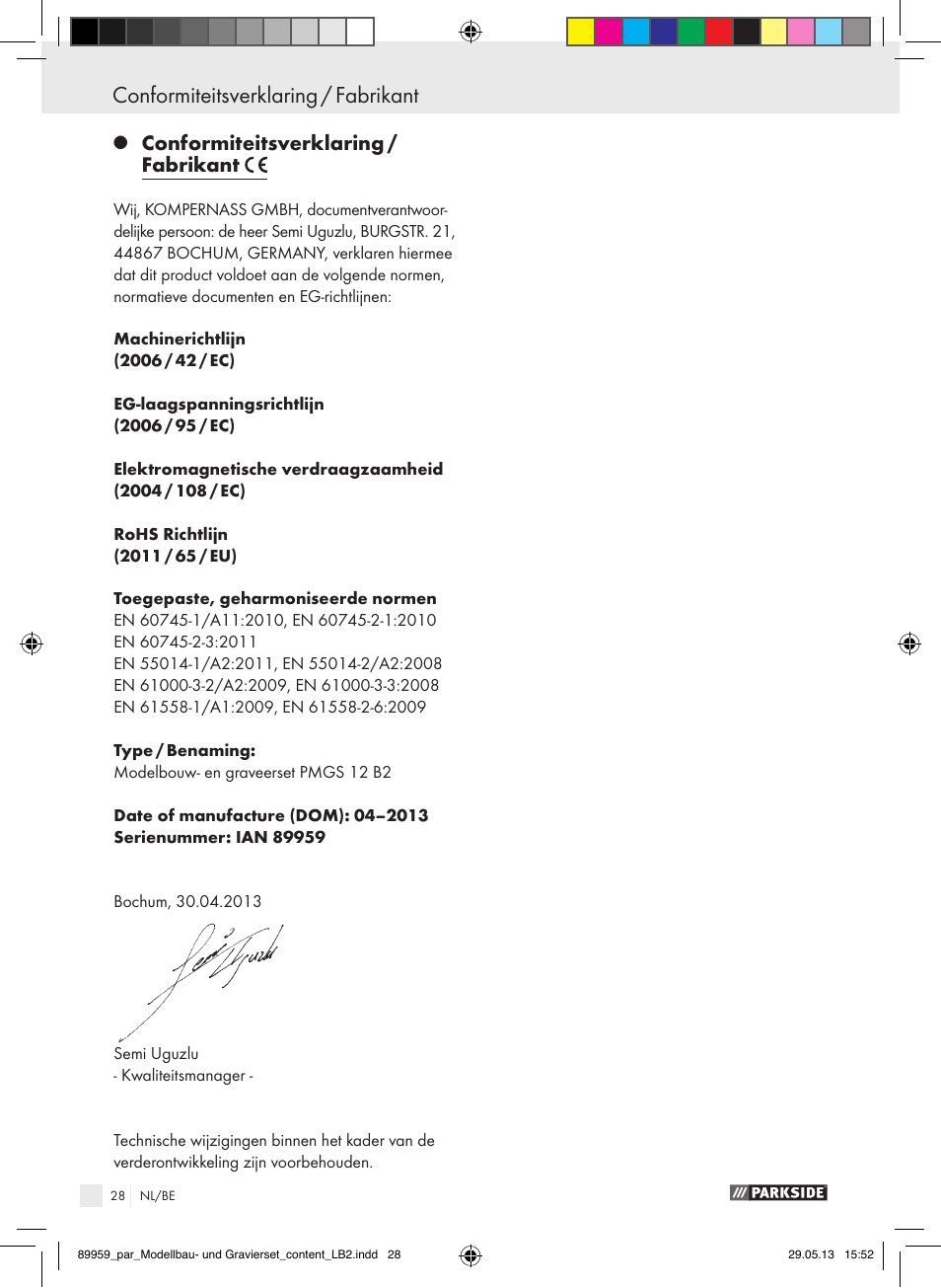 Conformiteitsverklaring / fabrikant | Parkside PMGS 12 B2 User Manual | Page 28 / 52