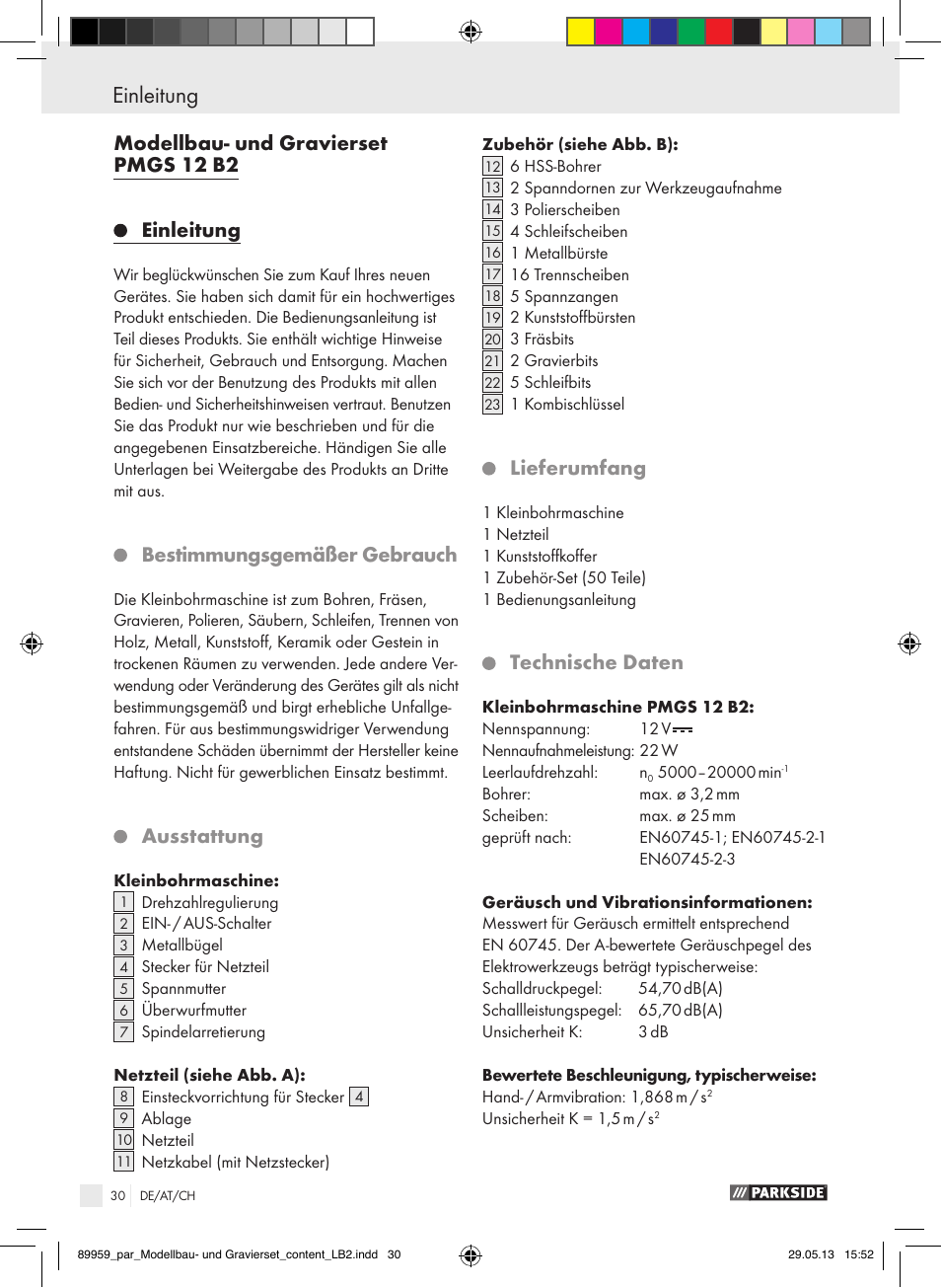 Einleitung, Modellbau- und gravierset pmgs 12 b2, Bestimmungsgemäßer gebrauch | Ausstattung, Lieferumfang, Technische daten | Parkside PMGS 12 B2 User Manual | Page 30 / 52