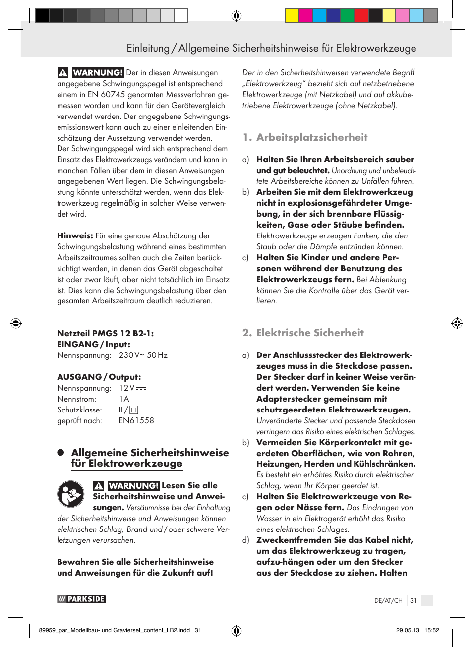 Arbeitsplatzsicherheit, Elektrische sicherheit | Parkside PMGS 12 B2 User Manual | Page 31 / 52