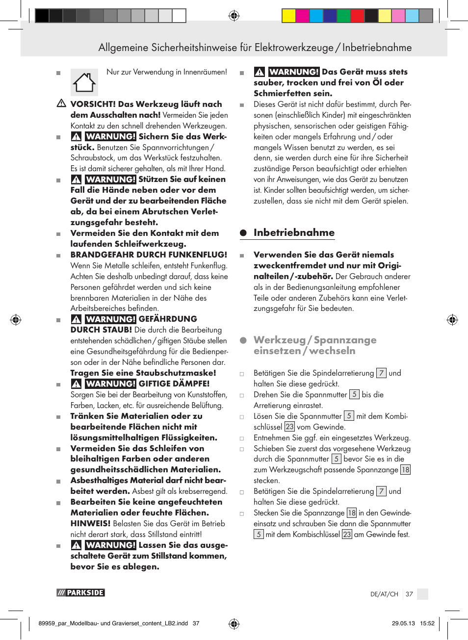 Inbetriebnahme, Werkzeug / spannzange einsetzen / wechseln | Parkside PMGS 12 B2 User Manual | Page 37 / 52