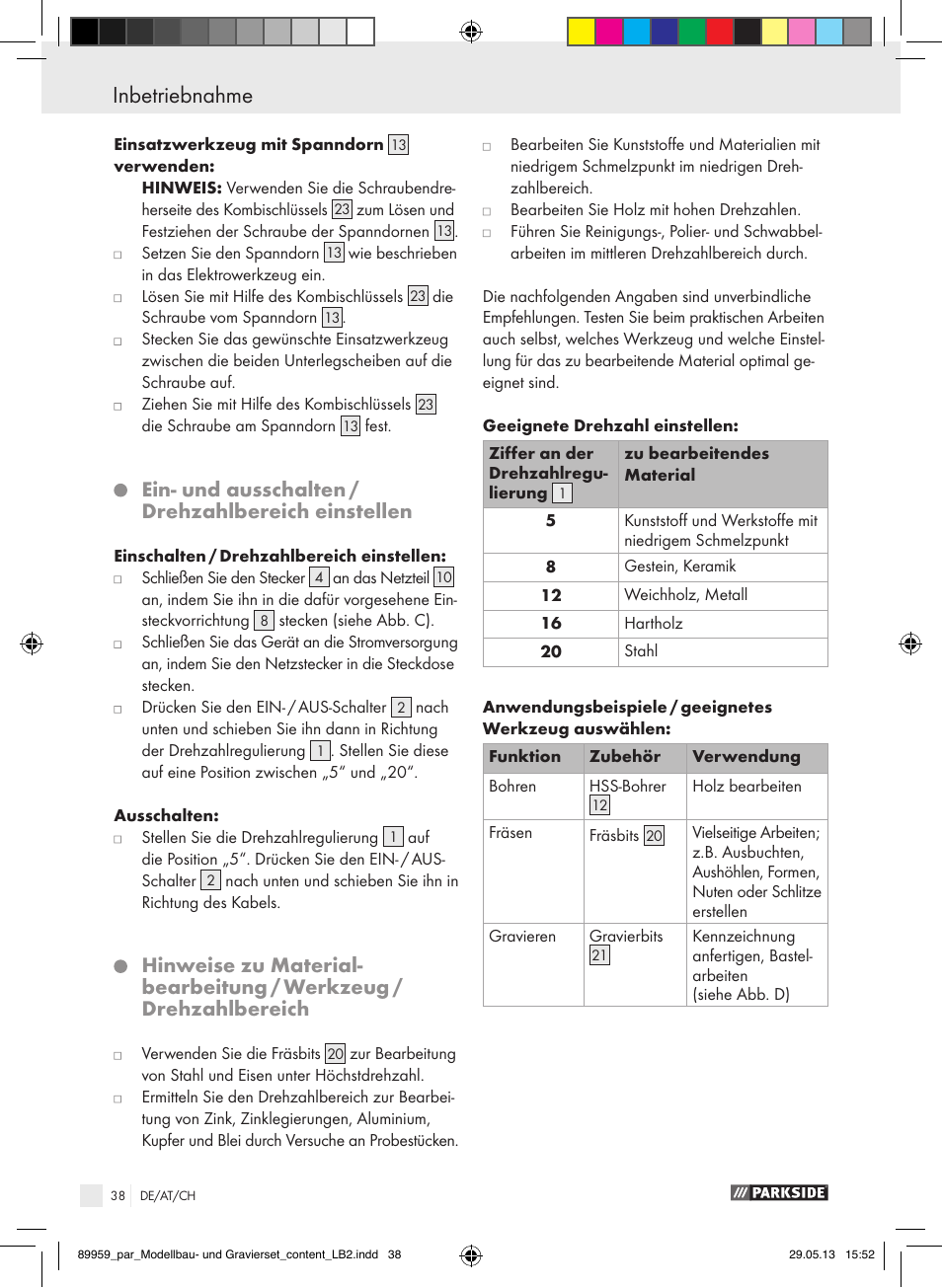 Ein- und ausschalten / drehzahlbereich einstellen | Parkside PMGS 12 B2 User Manual | Page 38 / 52