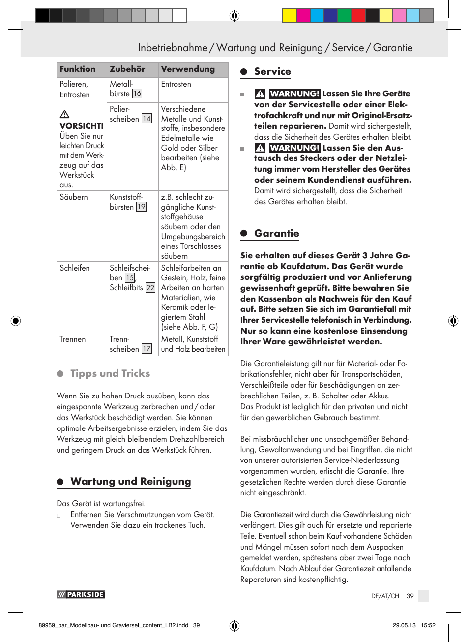 Inbetriebnahme, Tipps und tricks, Wartung und reinigung | Service, Garantie | Parkside PMGS 12 B2 User Manual | Page 39 / 52