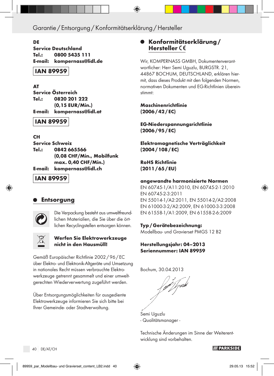 Konformitätserklärung / hersteller | Parkside PMGS 12 B2 User Manual | Page 40 / 52