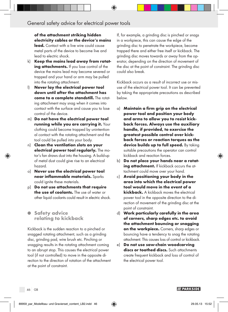 General safety advice for electrical power tools, Safety advice relating to kickback | Parkside PMGS 12 B2 User Manual | Page 46 / 52