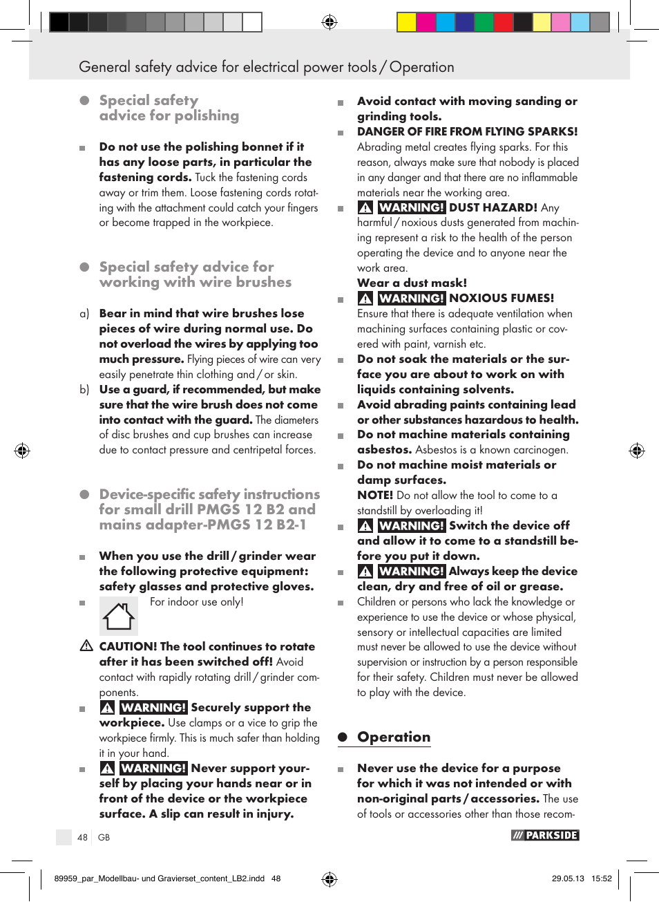 Special safety advice for polishing, Operation | Parkside PMGS 12 B2 User Manual | Page 48 / 52
