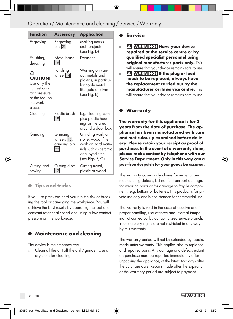 Tips and tricks, Maintenance and cleaning, Service | Warranty | Parkside PMGS 12 B2 User Manual | Page 50 / 52