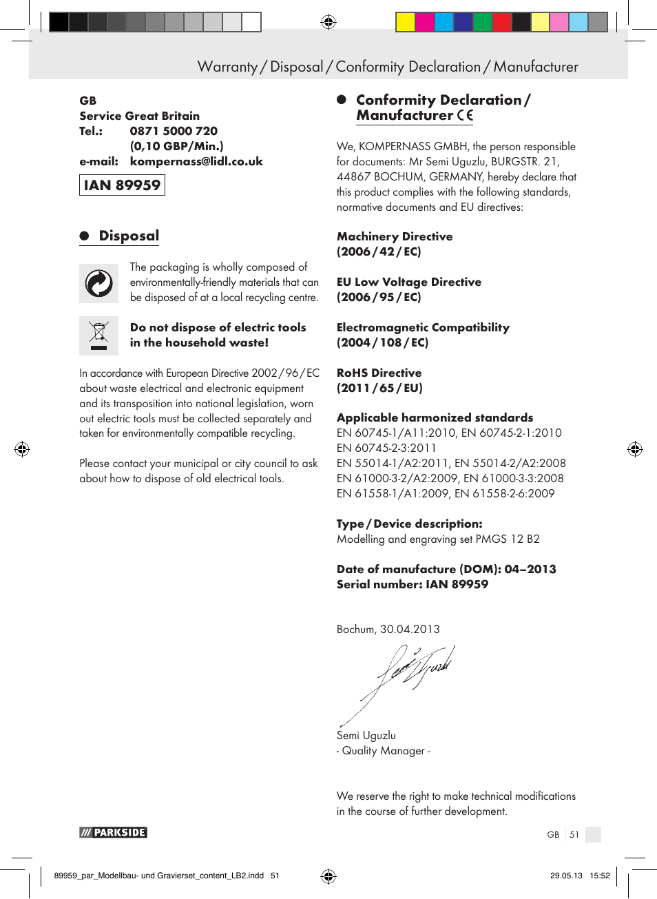 Disposal, Conformity declaration / manufacturer | Parkside PMGS 12 B2 User Manual | Page 51 / 52