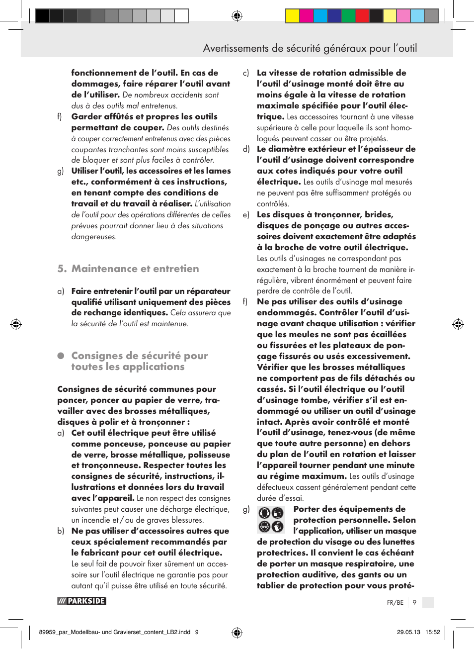 Avertissements de sécurité généraux pour l’outil, Maintenance et entretien, Consignes de sécurité pour toutes les applications | Parkside PMGS 12 B2 User Manual | Page 9 / 52