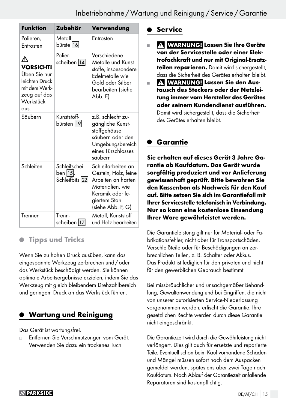 Tipps und tricks, Wartung und reinigung, Service | Garantie | Parkside PMGS 12 B2 User Manual | Page 15 / 54