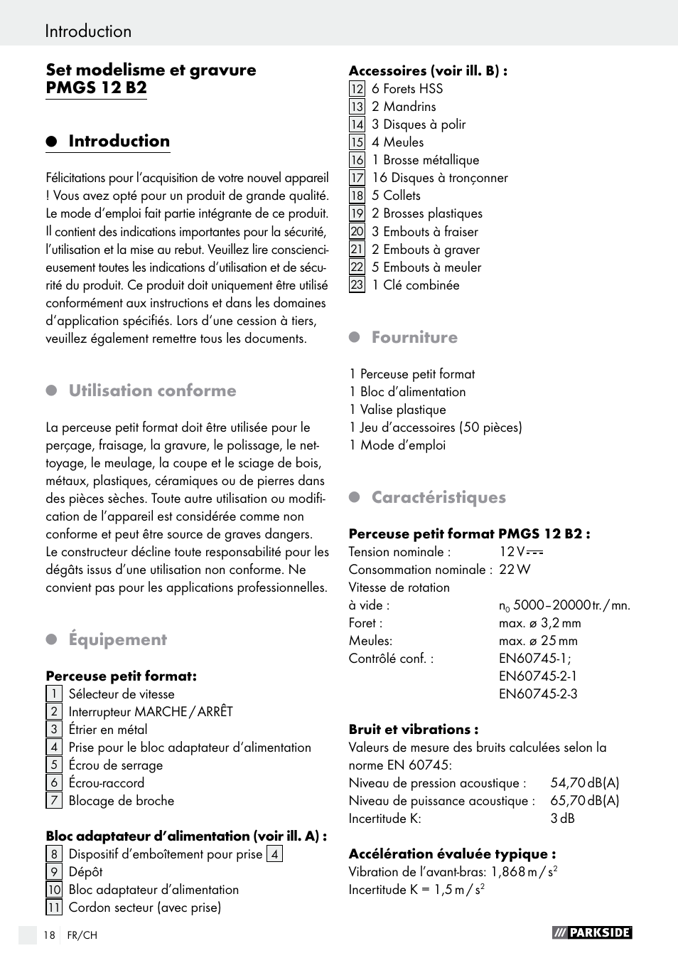 Set modelisme et gravure pmgs 12 b2, Introduction, Utilisation conforme | Équipement, Fourniture, Caractéristiques | Parkside PMGS 12 B2 User Manual | Page 18 / 54