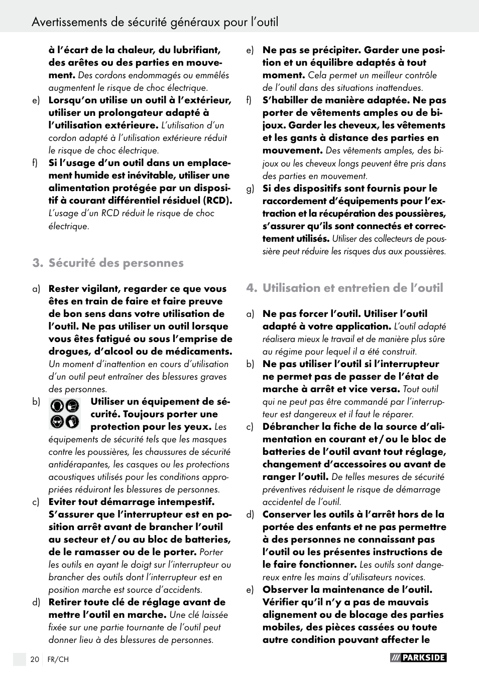 Avertissements de sécurité généraux pour l’outil, Sécurité des personnes, Utilisation et entretien de l’outil | Parkside PMGS 12 B2 User Manual | Page 20 / 54