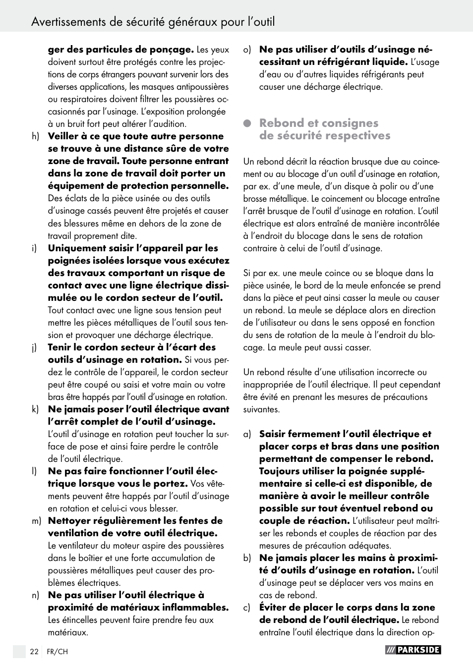 Avertissements de sécurité généraux pour l’outil, Rebond et consignes de sécurité respectives | Parkside PMGS 12 B2 User Manual | Page 22 / 54