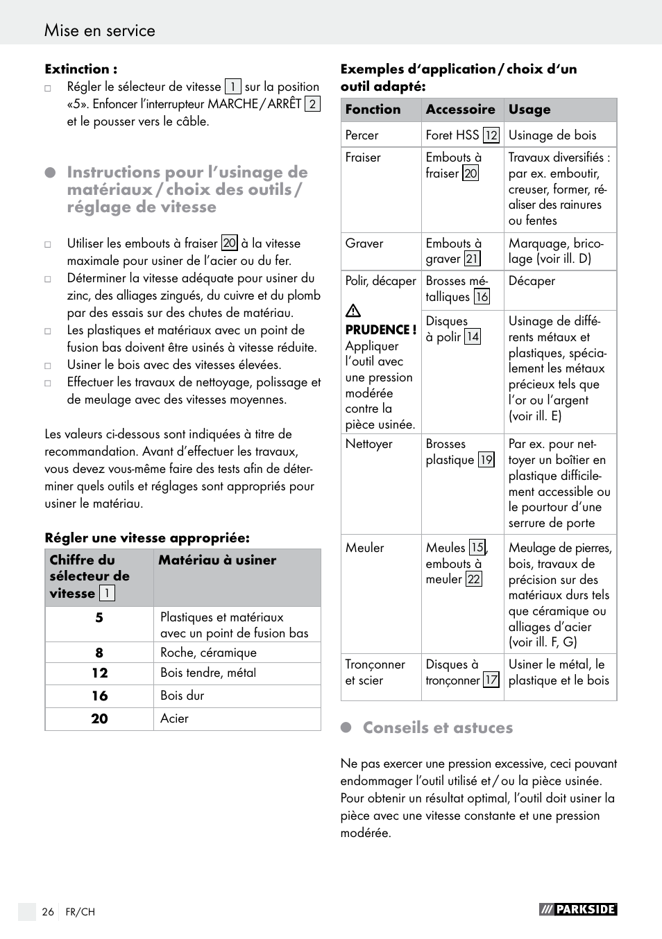 Mise en service, Conseils et astuces | Parkside PMGS 12 B2 User Manual | Page 26 / 54