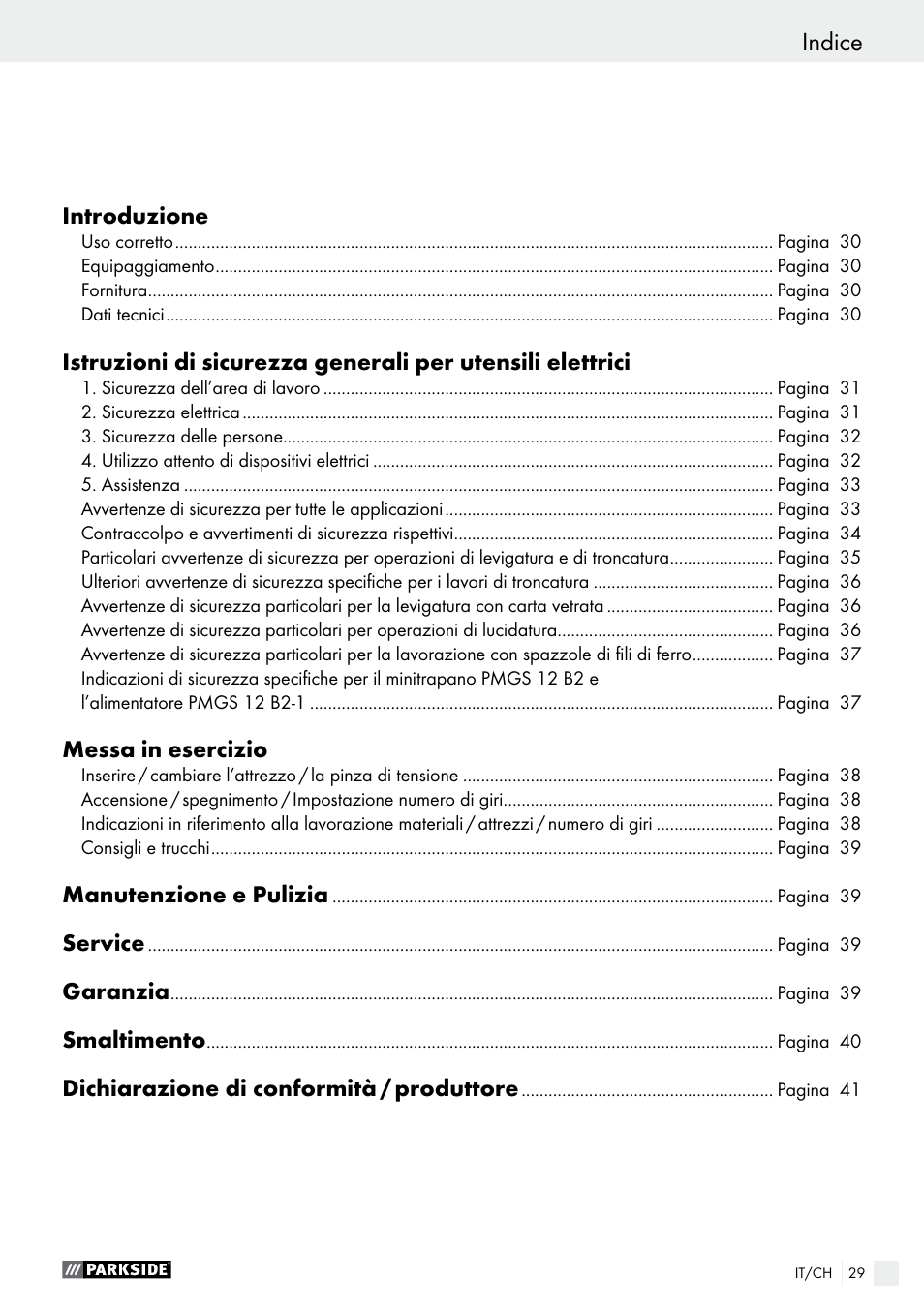 Indice | Parkside PMGS 12 B2 User Manual | Page 29 / 54