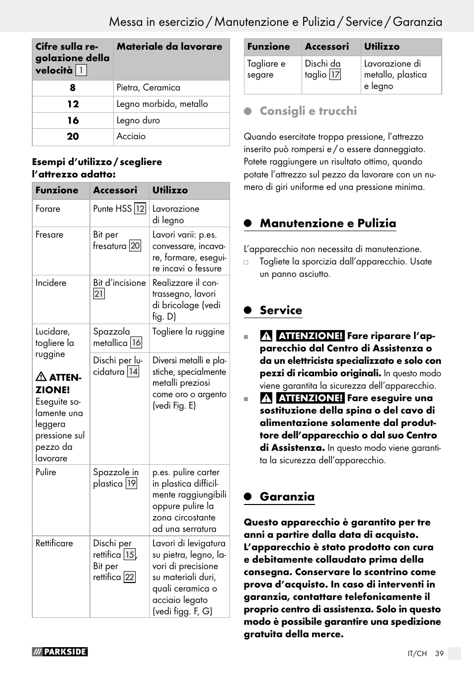 Consigli e trucchi, Manutenzione e pulizia, Service | Garanzia | Parkside PMGS 12 B2 User Manual | Page 39 / 54