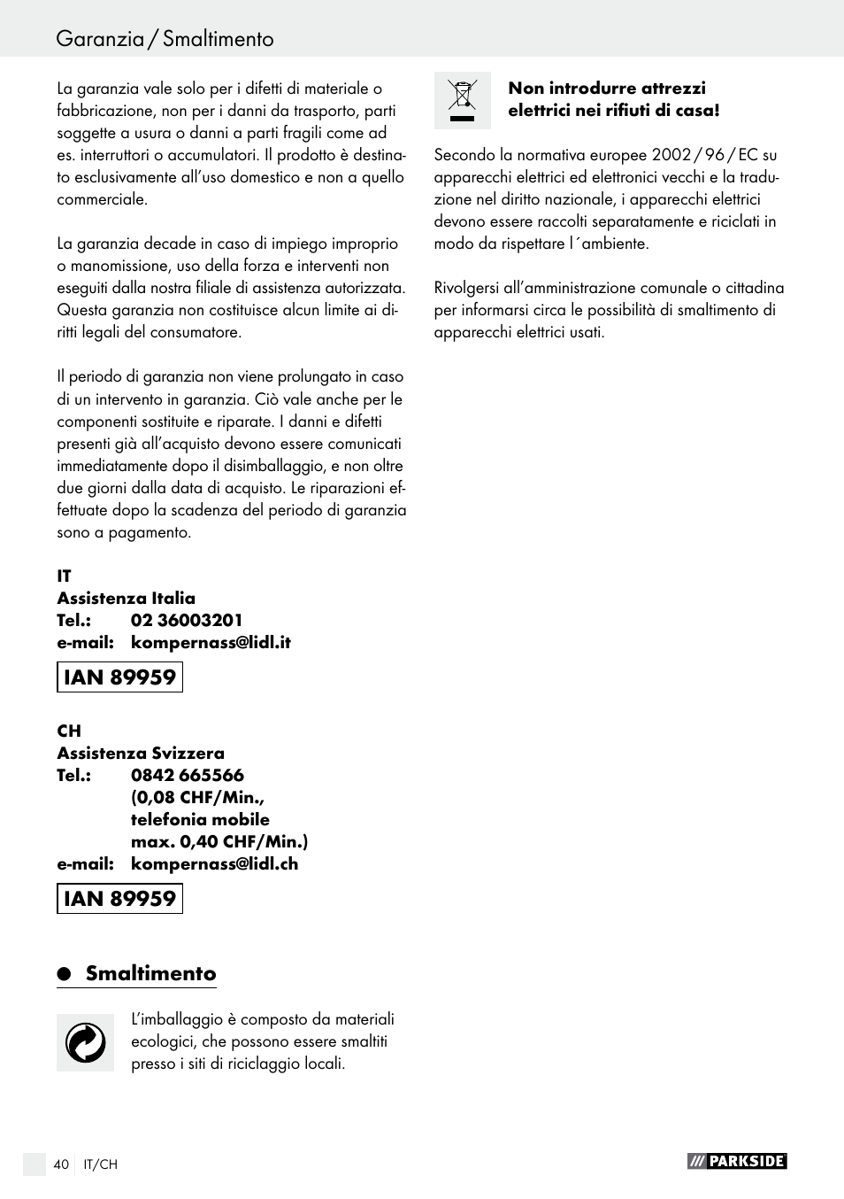 Smaltimento | Parkside PMGS 12 B2 User Manual | Page 40 / 54